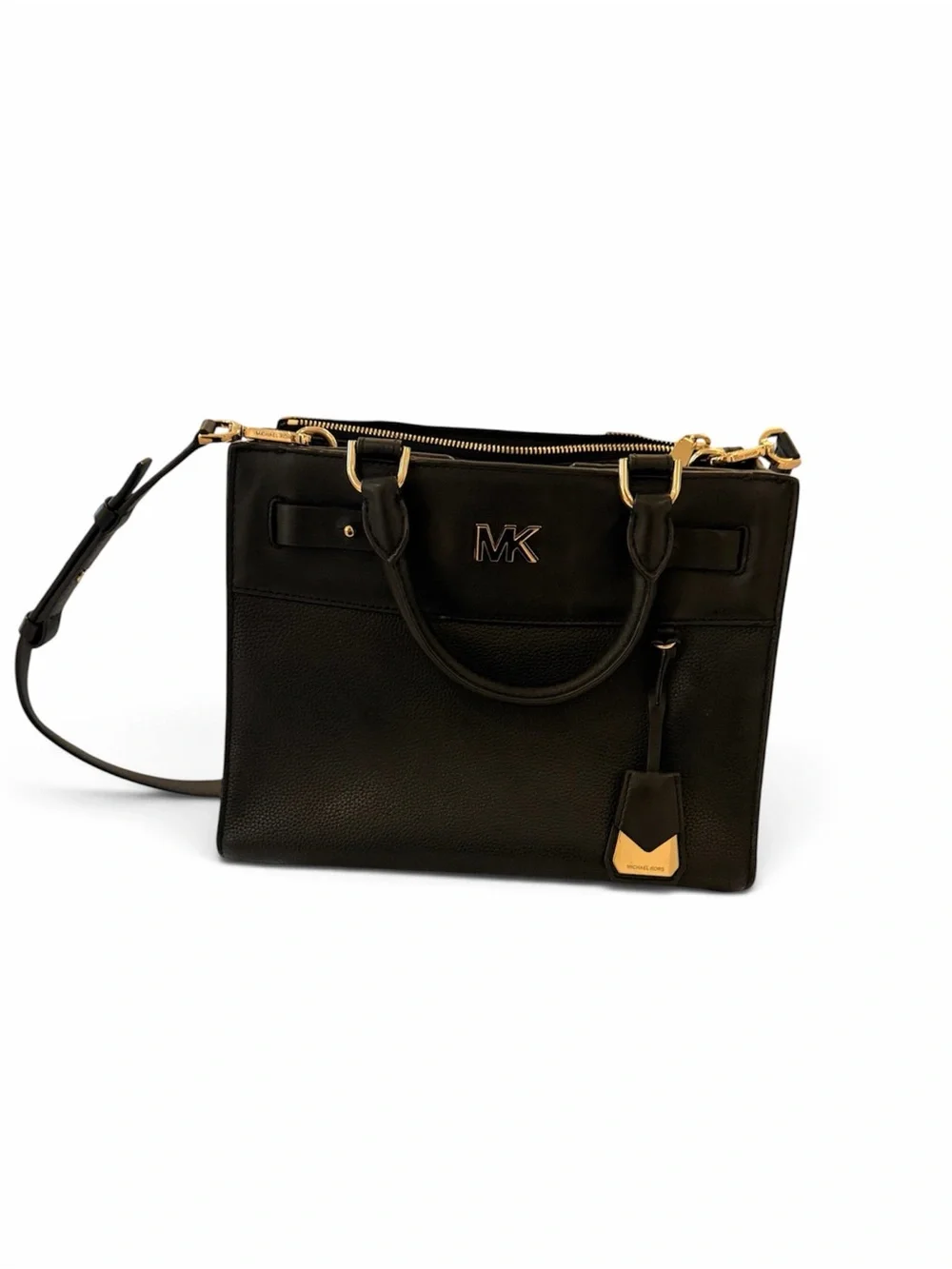 Michael Kors Black Leather Satchel with Gold-Tone Hardware